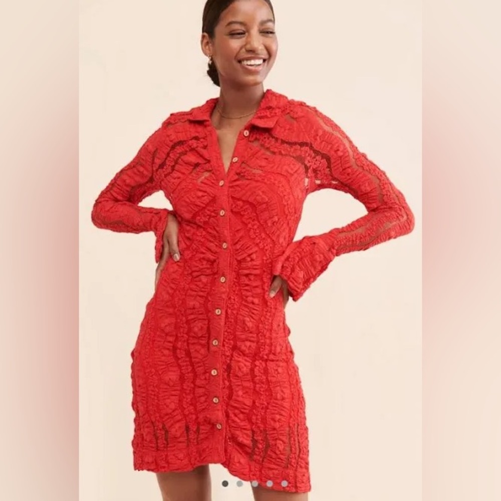 Free People Red Lace Button-Up Dress